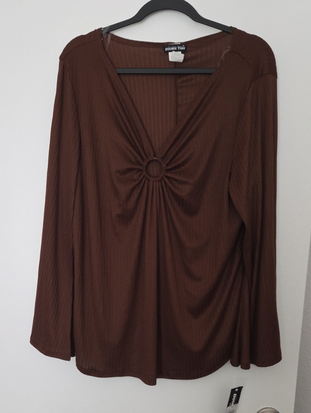 Double Take Women's Chocolate Brown Long-Sleeve Ring-Detail Top